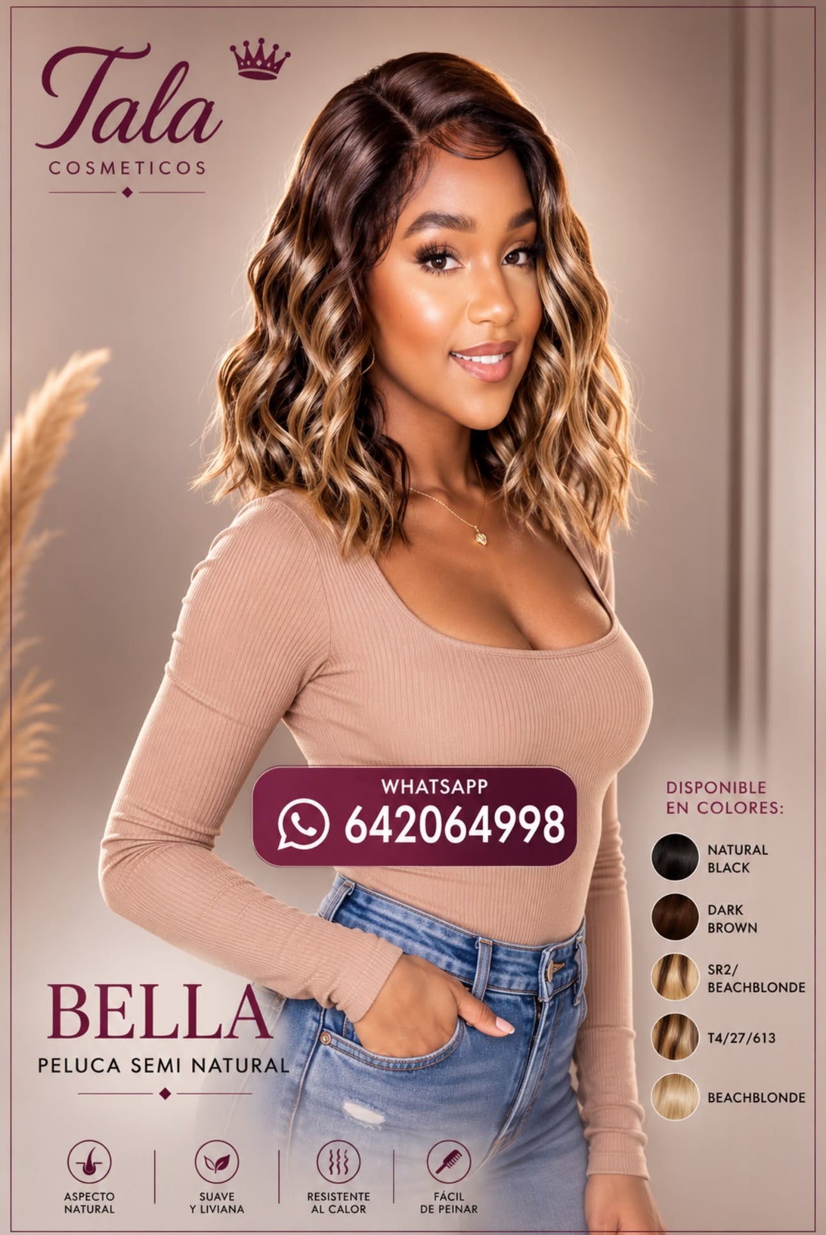 BELLA PELUCA SEMI NATURAL - NATURAL BLACK, DARK BROWN, SR2/BEACHBLONDE, T4/27/613, BEACHBLONDE - Tala Cosmeticos