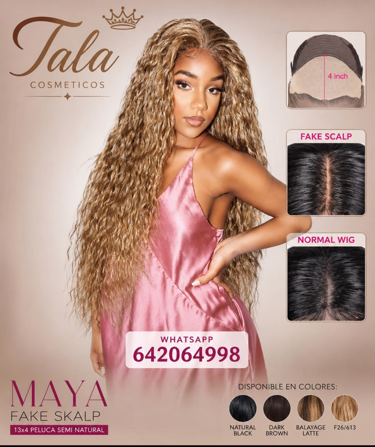 MAYA Fake Scalp 13x4 Peluca Semi-Natural | Color: 1B, Dark Brown, Balayage Latte, F26/613