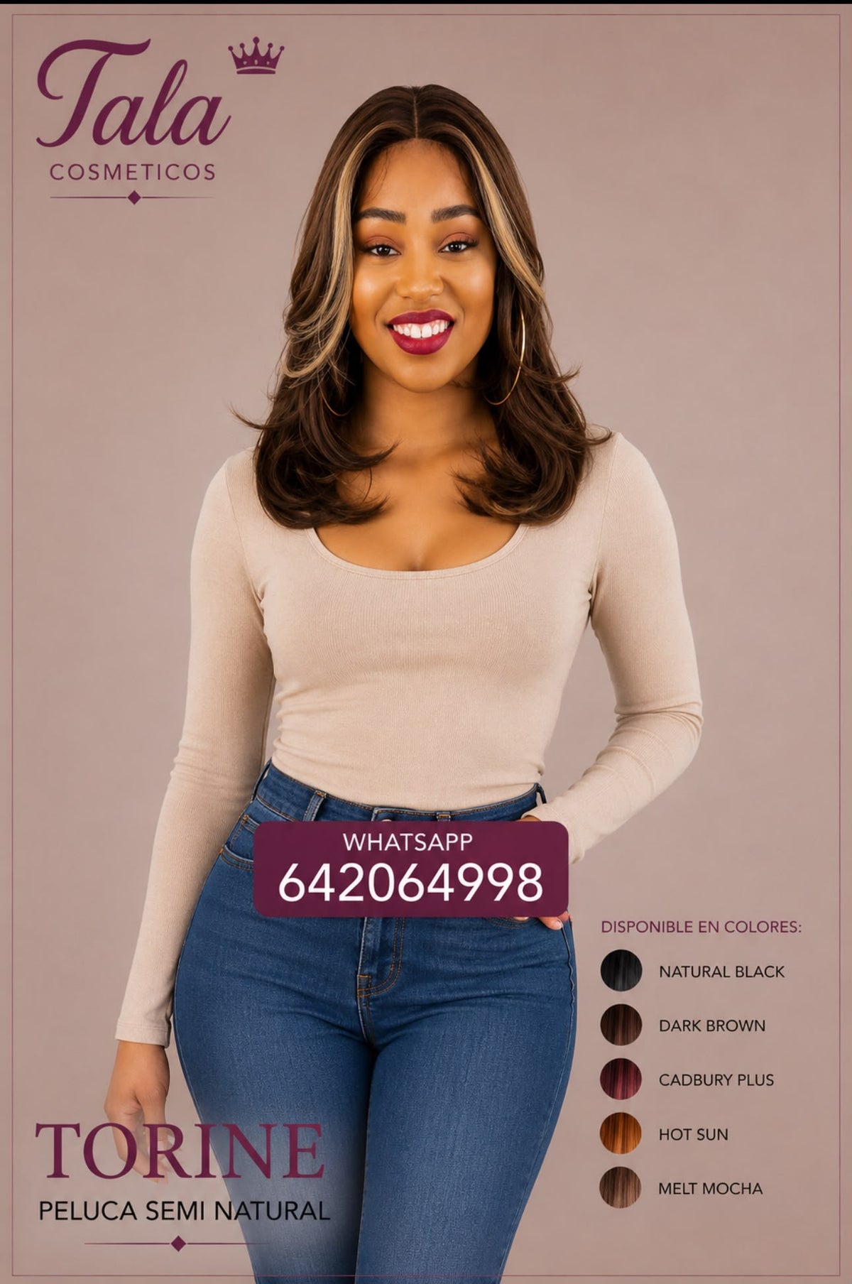 TORINE PELUCA SEMI NATURAL COLOR: NATURAL BLACK, DARK BROWN, CADBURY PLUS, HOT SUN, MELT MOCHA - Tala Cosmeticos