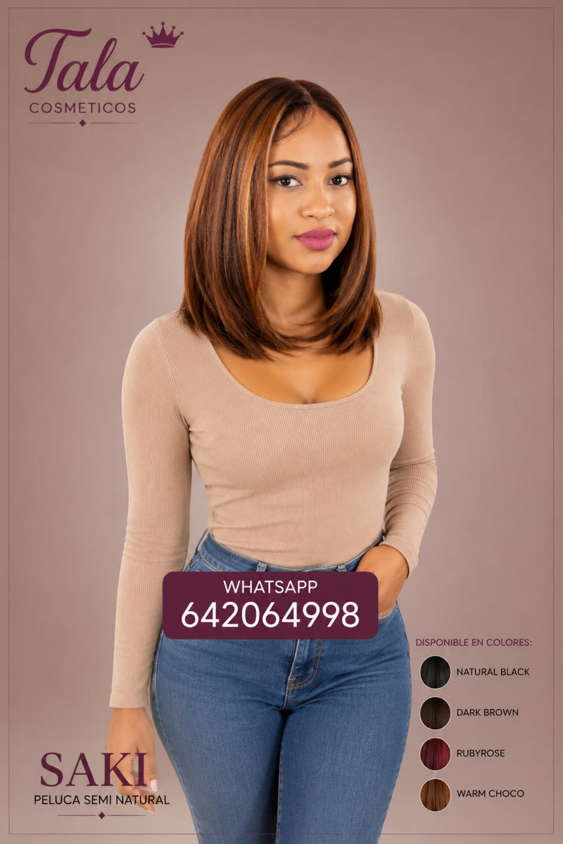 SAKI Peluca Semi-Natural | Color: 1B, Dark Brown, Ruby Rose, Warm Choco