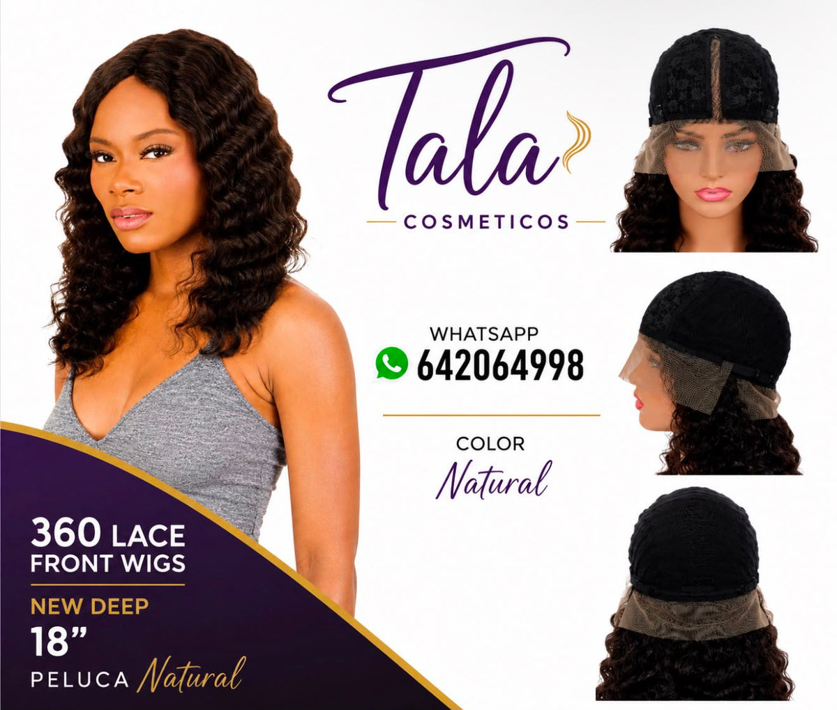 Peluca 360 Lace Front New Deep de 18 pulgadas en negro natural.