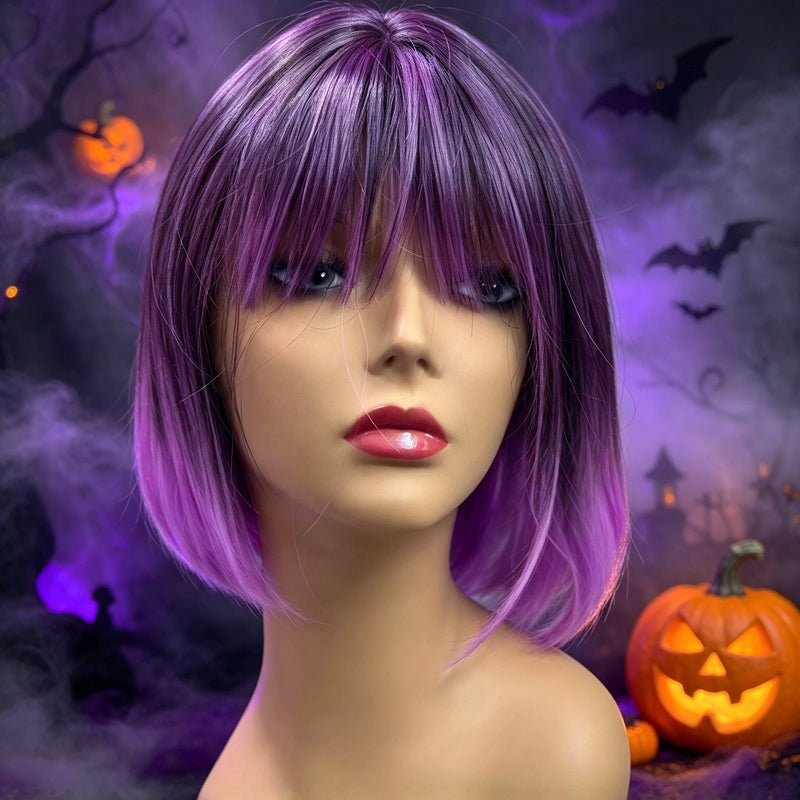 ¡Envío Gratis! Peluca Corta Lavanda con Mechas Negras y Flequillo – Halloween