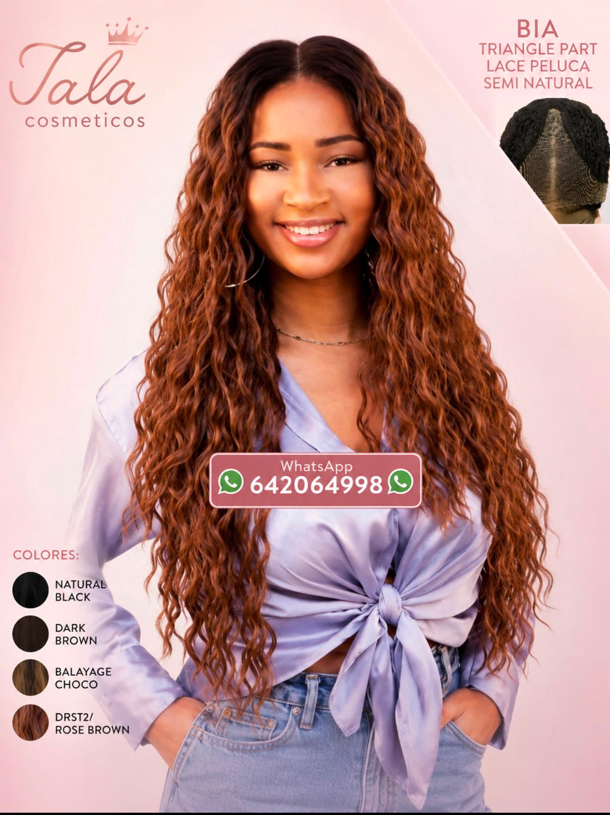 BIA TRIANGLE PART LACE Pruik Semi-Natuurlijk | Kleur: 1B, Donkerbruin, Balayage Choco, DRST2/Rose Brown