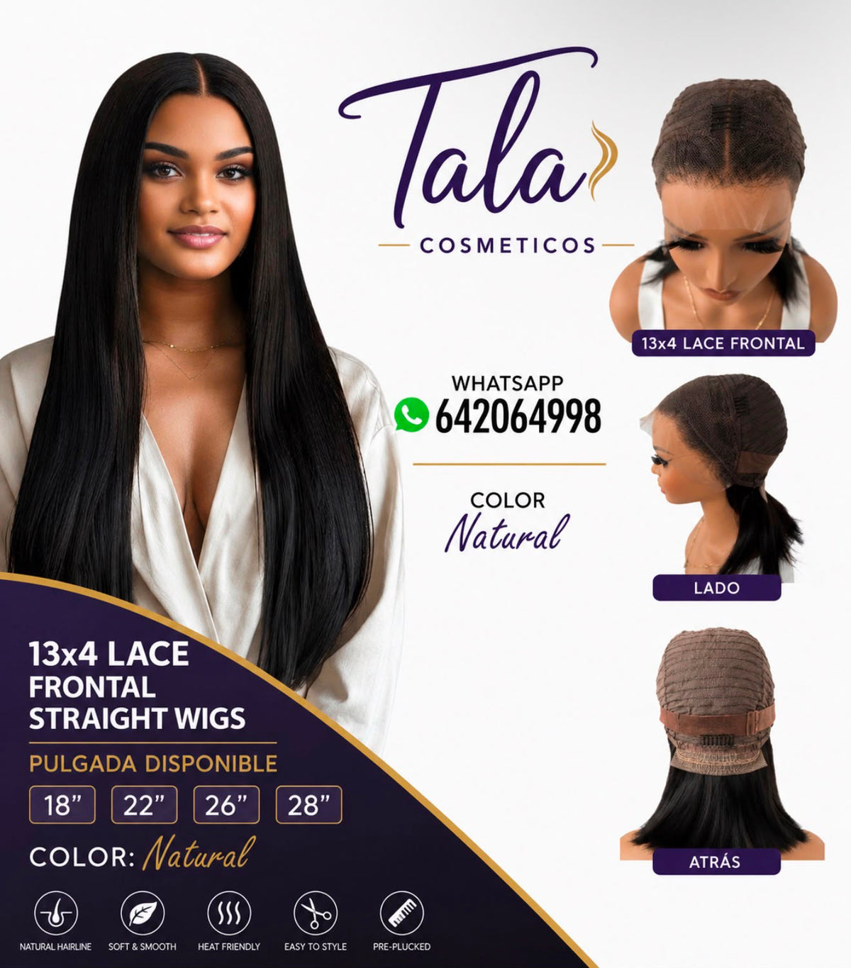 13x4 LACE FRONTAL PELUCA LISO NATURAL | Pulgadas: 18", 22", 26", 28"