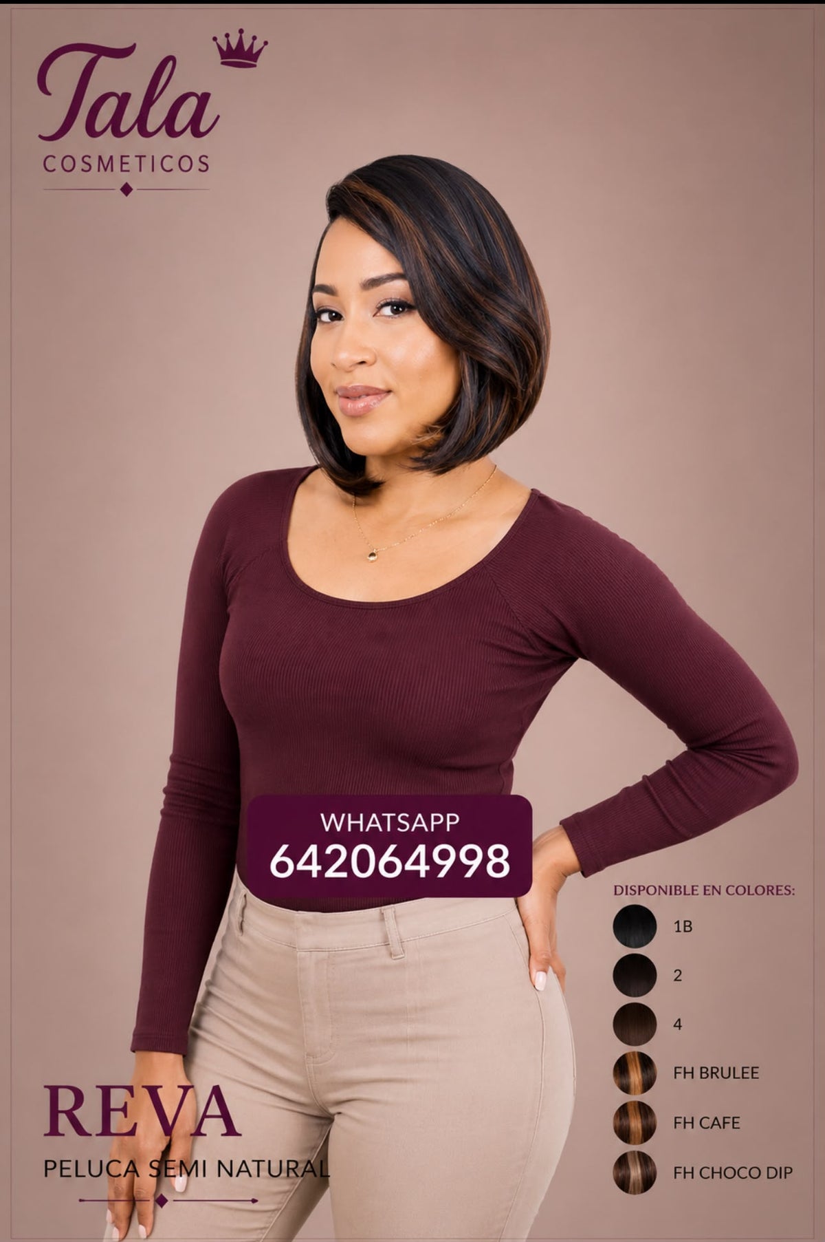 REVA Perruque Semi-Naturelle | Couleur : 1B, 2, 4, FH Brulee, FH Cafe, FH Choco Dip