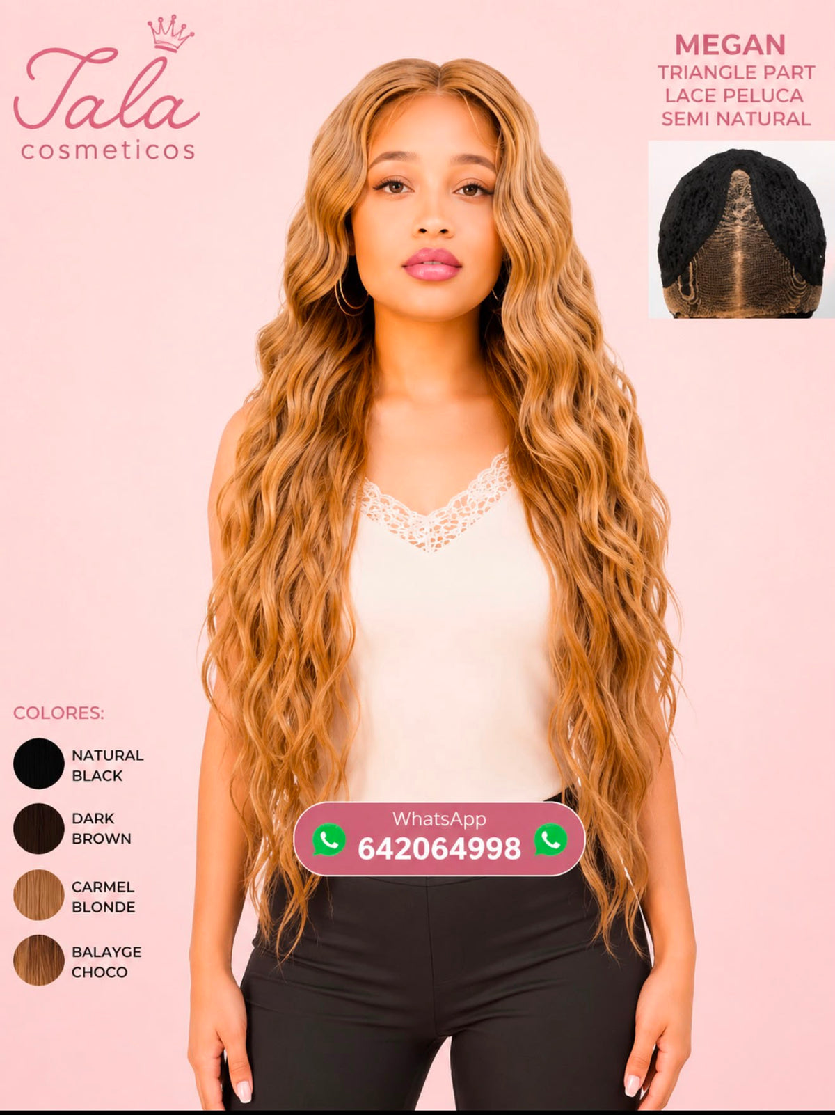 MEGAN TRIANGLE PART LACE Peluca Semi-Natural | Color: 1B, Dark Brown, Caramel Blonde, Balayage Choco