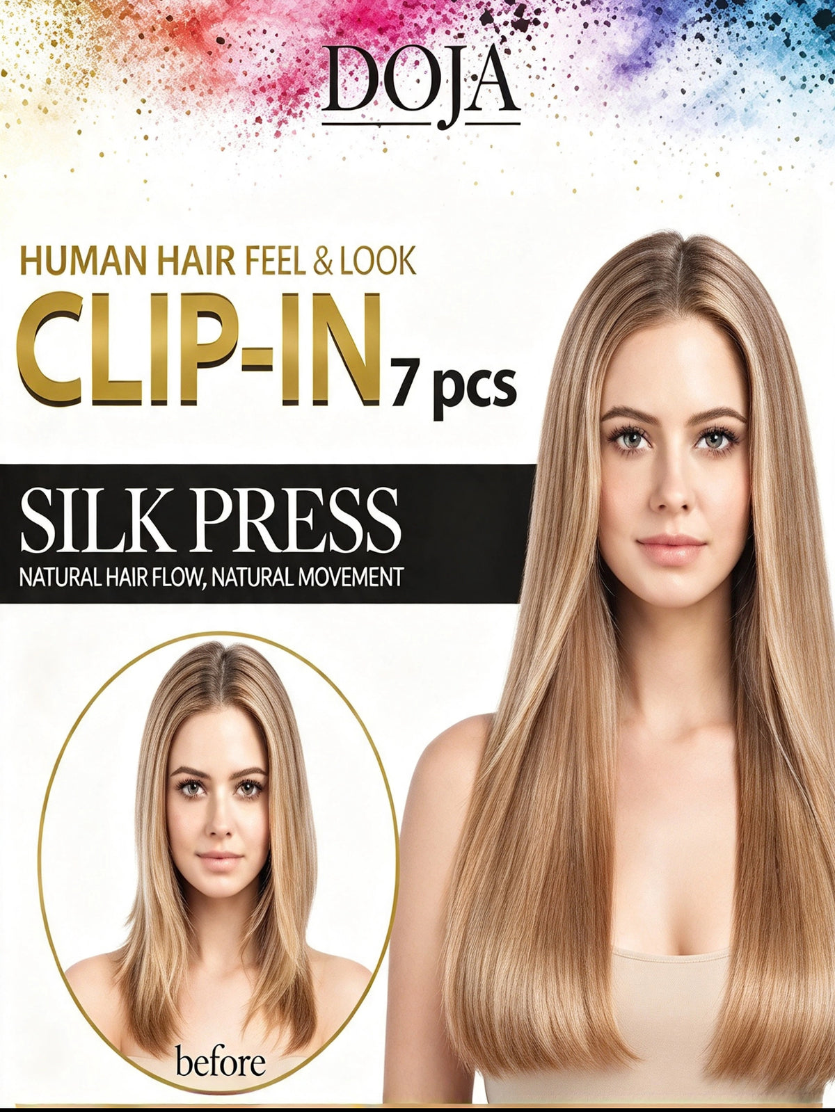 22" CLIP-IN 7PCS SILK Liso Semi-Natural | Color: 1B, 2, 4, 613, P10/24/613, P12/16/613, P27/613 y P8/613