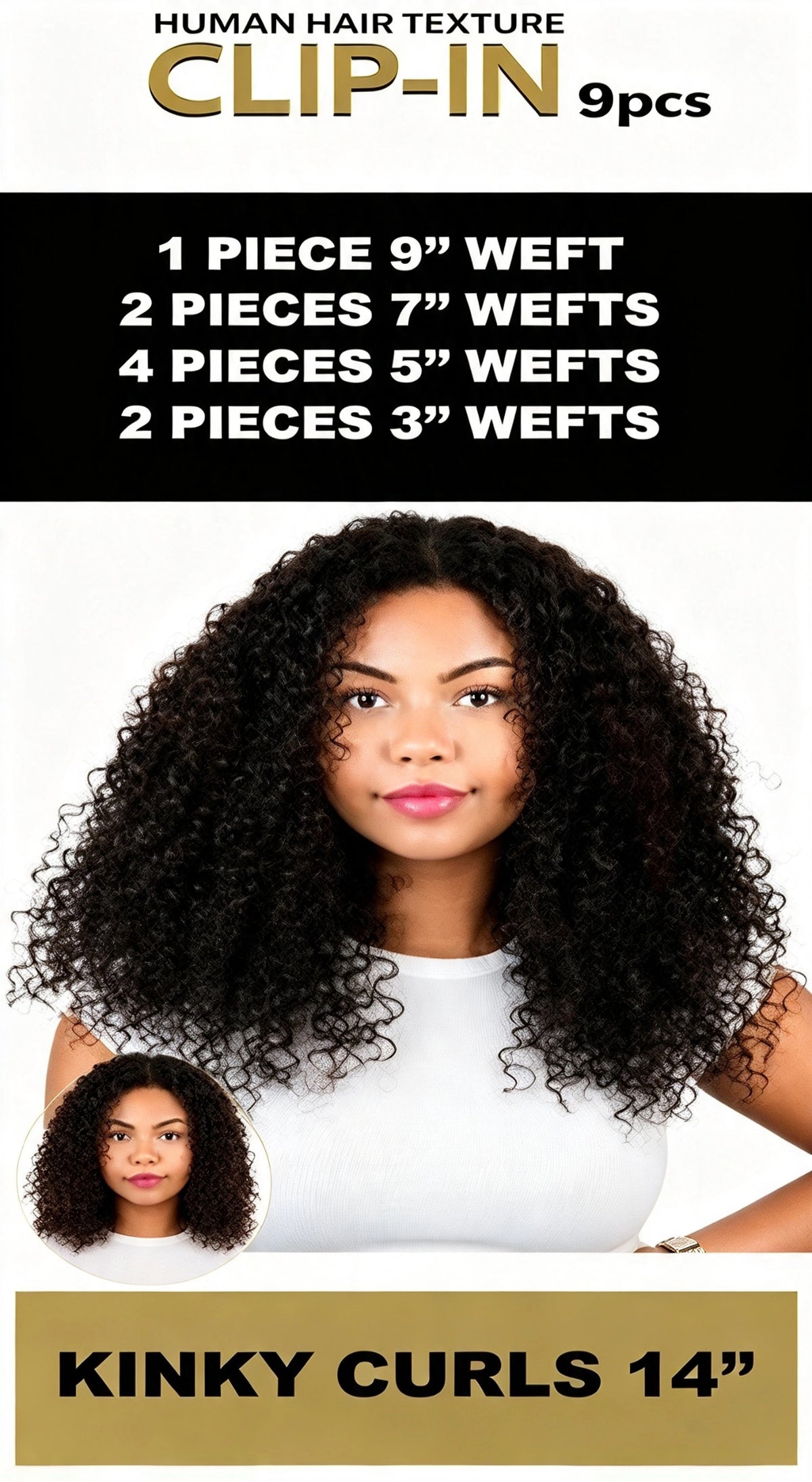 KINKY CURLS 14" 9PCS Semi-Natural Curly Clip-Ins | Color: 1, 1B, 2, 4