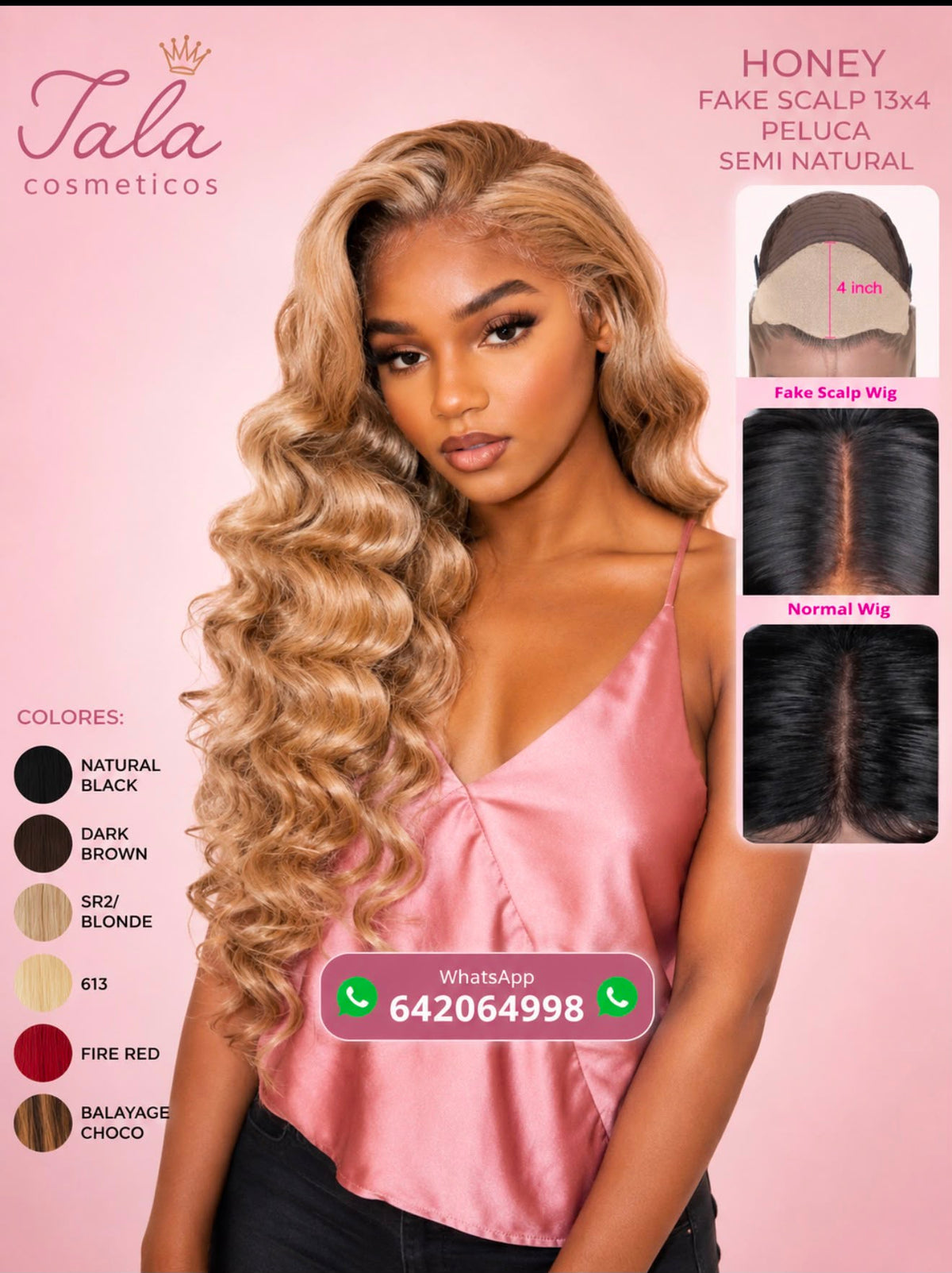 HONEY FAKE SCALP 13x4 Peluca Semi-Natural | Color: 1B, Dark Brown, SR2/Blonde, 613, Fire Red, Balayage Choco