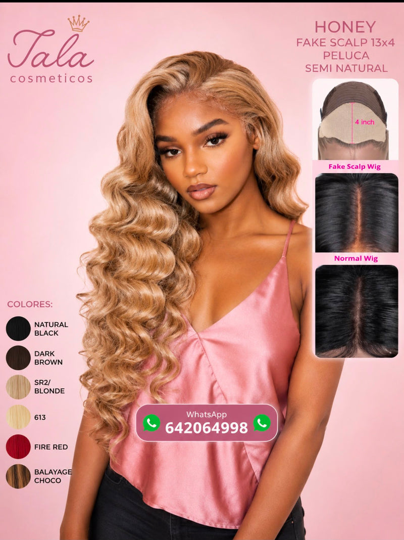 HONEY FAKE SCALP 13x4 Peluca Semi-Natural | Color: 1B, Dark Brown, SR2/Blonde, 613, Fire Red, Balayage Choco