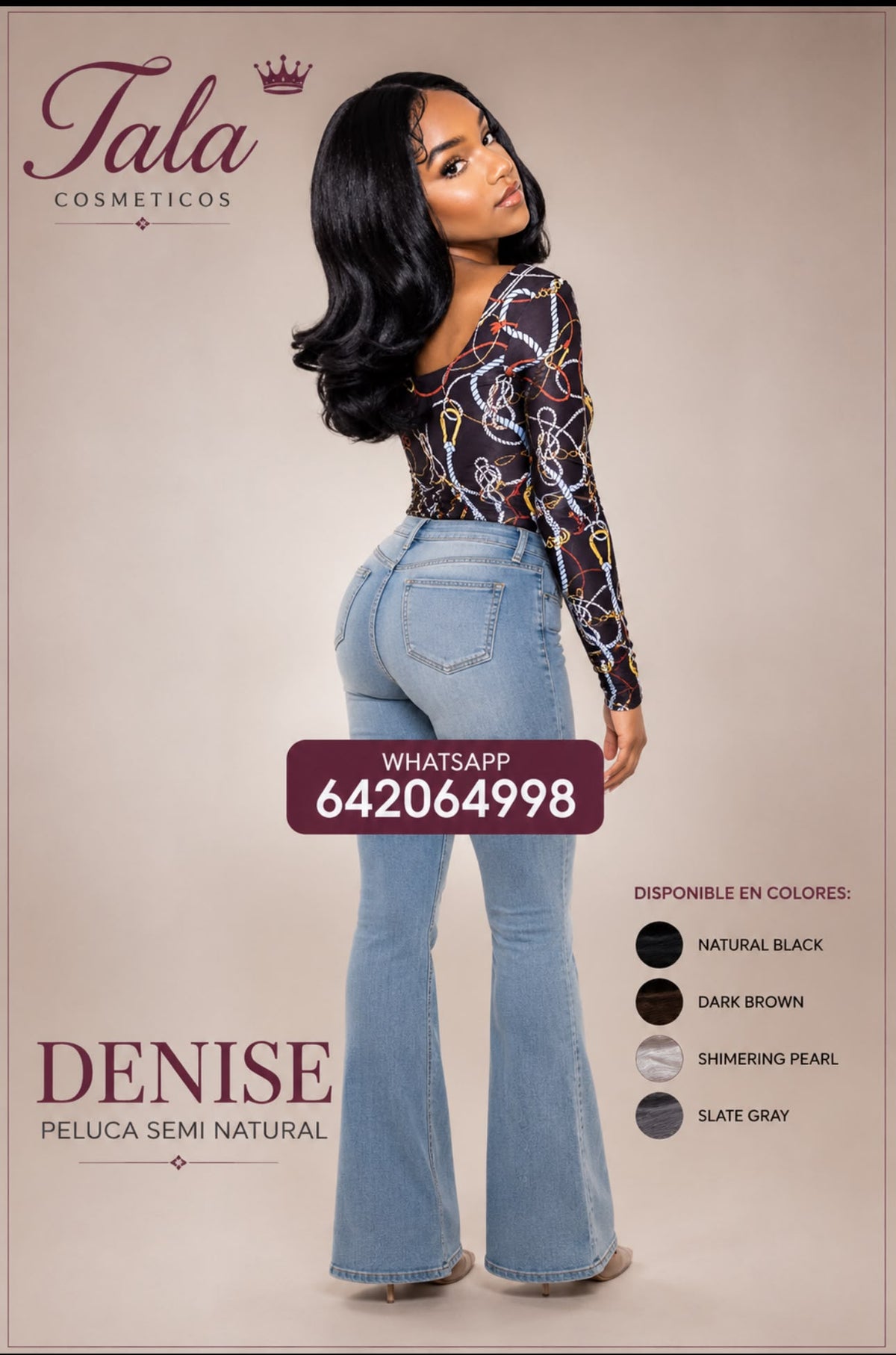 DENISE Perruque Semi-Naturelle | 1B, Brun Foncé, Perle Scintillante, Gris Ardoise
