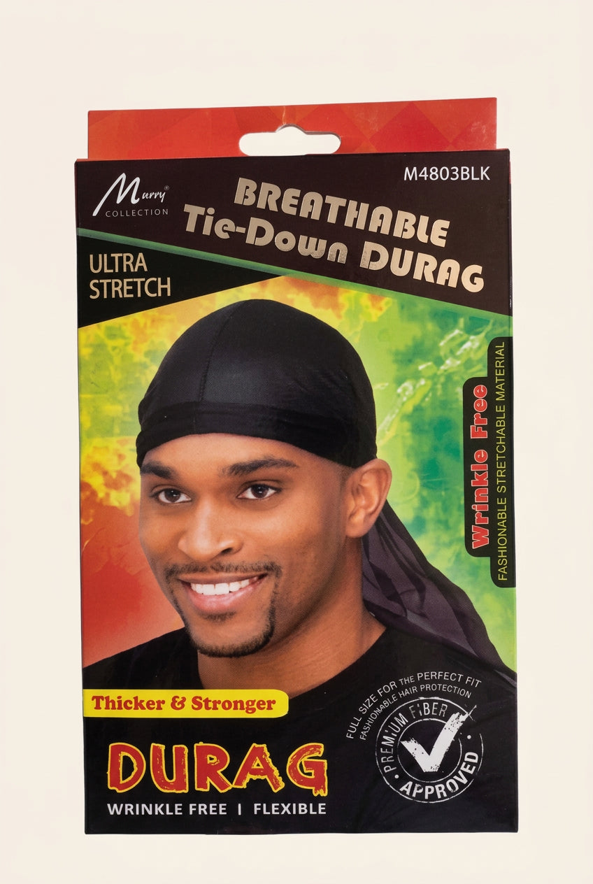 Murry Black Breathable Tie Down Durag M4803BLK en color negro, transpirable y cómodo para proteger el cabello y mantener las ondas
