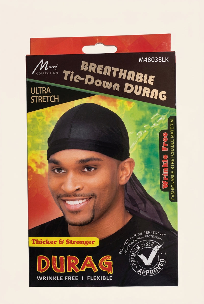 Murry Black Breathable Tie Down Durag M4803BLK en color negro, transpirable y cómodo para proteger el cabello y mantener las ondas